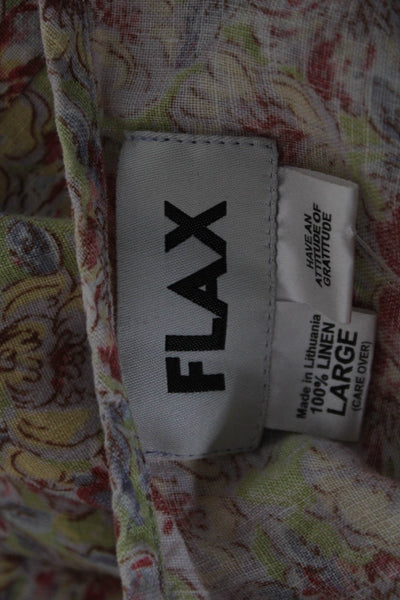 Flax Womens Basic Floral Linen Button Round Neck 3/4 Sleeve Blouse Size L