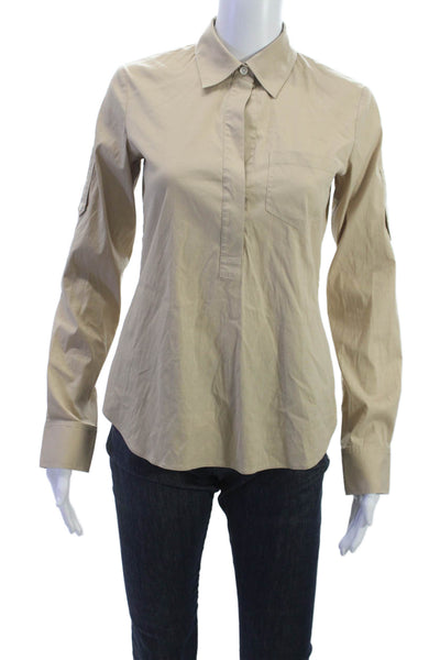 Theory Women Beige Collared Long Sleeve Basic Blouse Cotton Blend Petite Size S