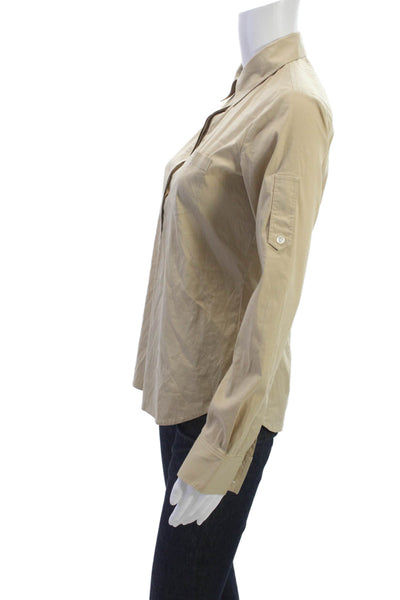 Theory Women Beige Collared Long Sleeve Basic Blouse Cotton Blend Petite Size S