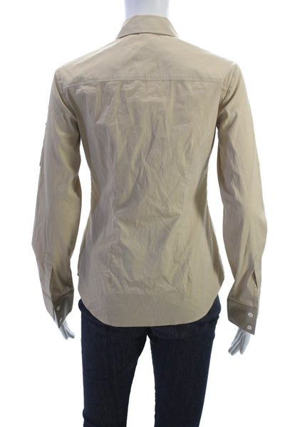 Theory Women Beige Collared Long Sleeve Basic Blouse Cotton Blend Petite Size S