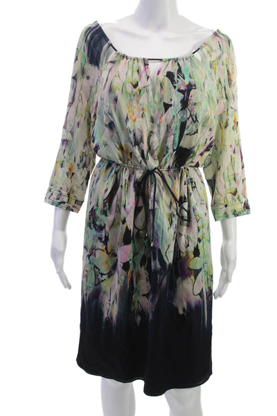 Elie Tahari Women Multicolor Silk Blouson Dress Boat Neck 3/4 Sleeve Size L