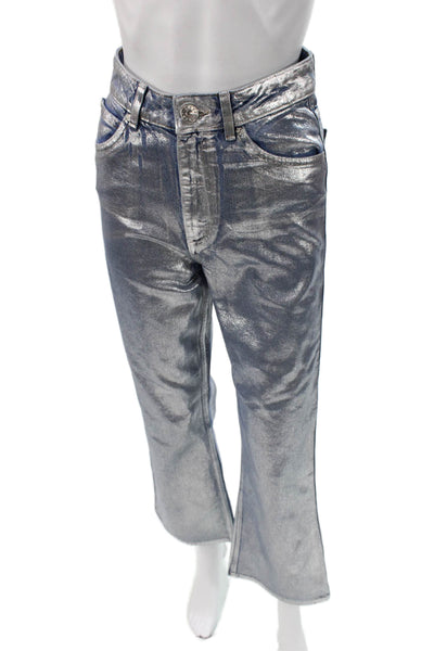 Sandro Women Silver Bootcut Jeans Cotton High Rise Button Size 34
