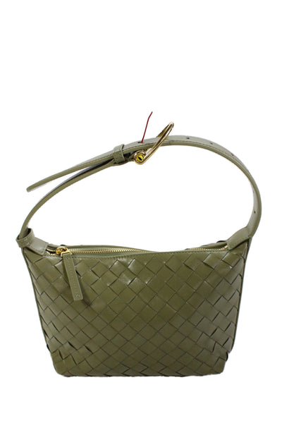 Bottega Veneta Womens Intrecciato Gold Tone Satchel Shoulder Handbag Olive Green