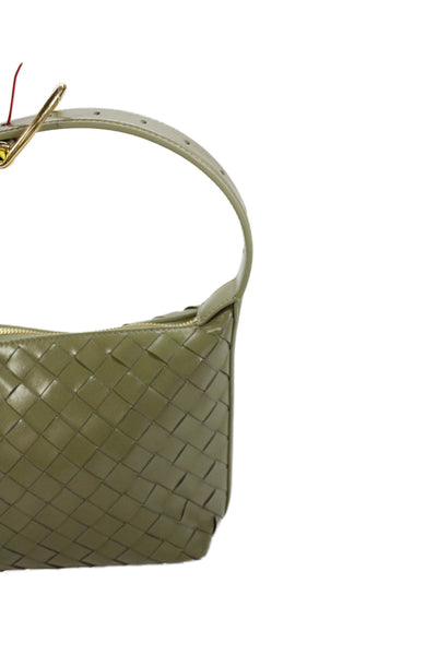 Bottega Veneta Womens Intrecciato Gold Tone Satchel Shoulder Handbag Olive Green