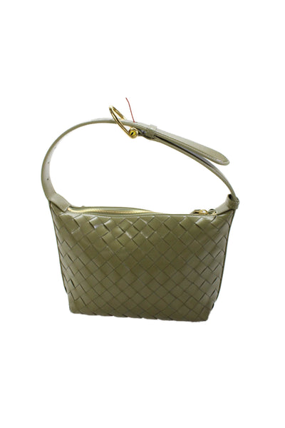 Bottega Veneta Womens Intrecciato Gold Tone Satchel Shoulder Handbag Olive Green