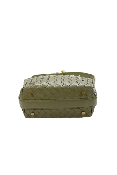 Bottega Veneta Womens Intrecciato Gold Tone Satchel Shoulder Handbag Olive Green