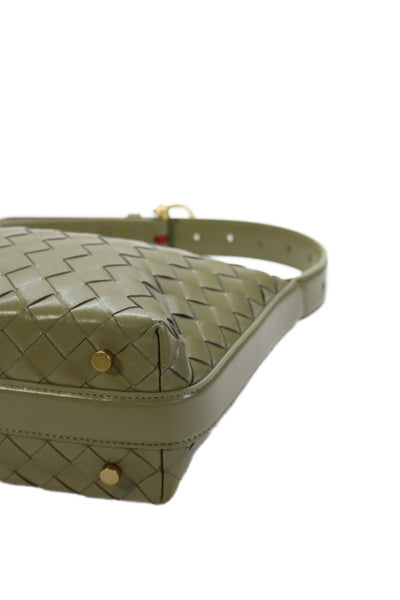 Bottega Veneta Womens Intrecciato Gold Tone Satchel Shoulder Handbag Olive Green