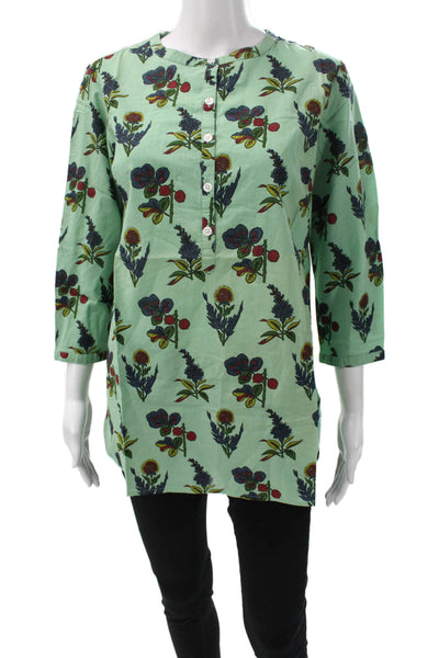Madison Mathews Womens Tunic Blouse Green Floral Henley 3/4 Sleeve Size S