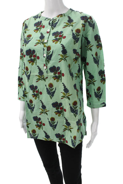 Madison Mathews Womens Tunic Blouse Green Floral Henley 3/4 Sleeve Size S