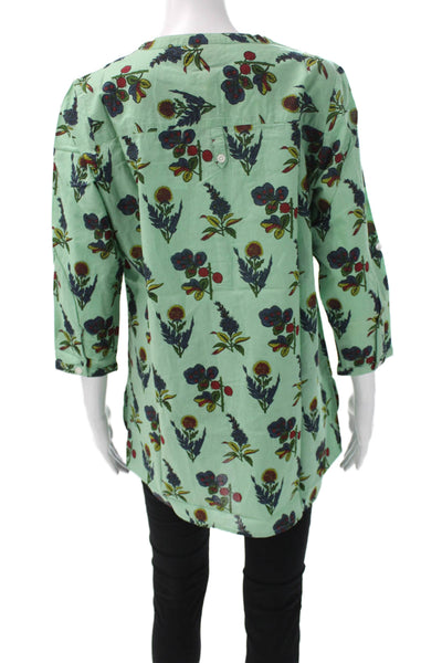 Madison Mathews Womens Tunic Blouse Green Floral Henley 3/4 Sleeve Size S