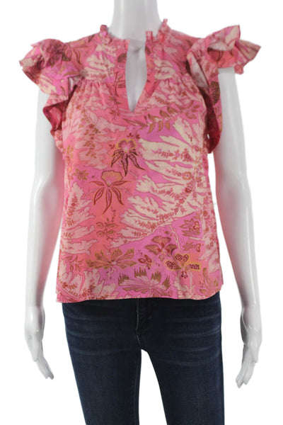 Ulla Johnson Women Pink Floral V-Neck Cotton Blouse Size 2