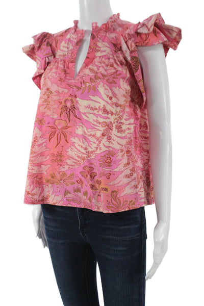 Ulla Johnson Women Pink Floral V-Neck Cotton Blouse Size 2
