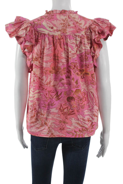 Ulla Johnson Women Pink Floral V-Neck Cotton Blouse Size 2