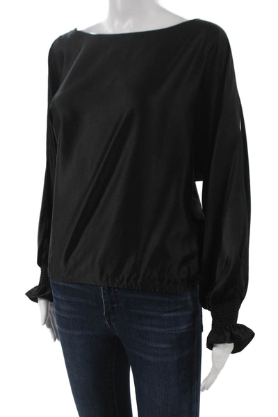 Ramy Brook Womens Basic Black Silk Boat Neck Long Sleeve Blouse Size XS