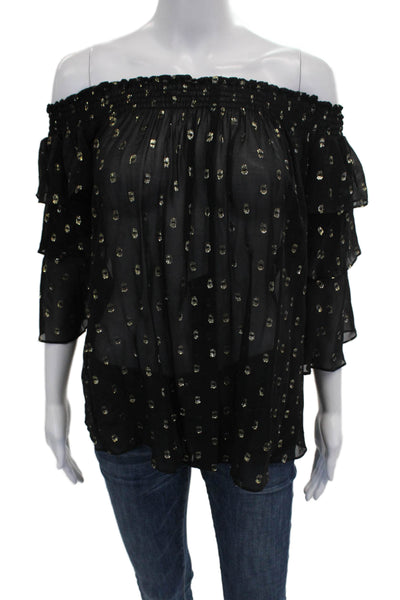 Nicole Miller Women Black Silk Off Shoulder Abstract Blouse 3/4 Sleeve Size PP