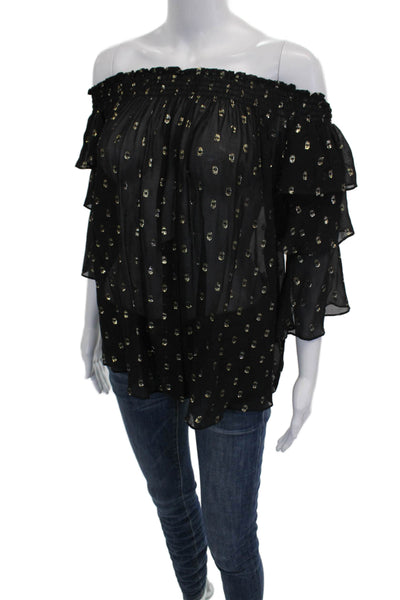 Nicole Miller Women Black Silk Off Shoulder Abstract Blouse 3/4 Sleeve Size PP