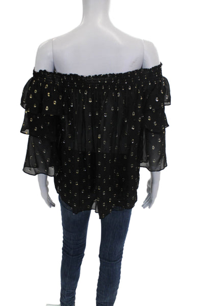 Nicole Miller Women Black Silk Off Shoulder Abstract Blouse 3/4 Sleeve Size PP
