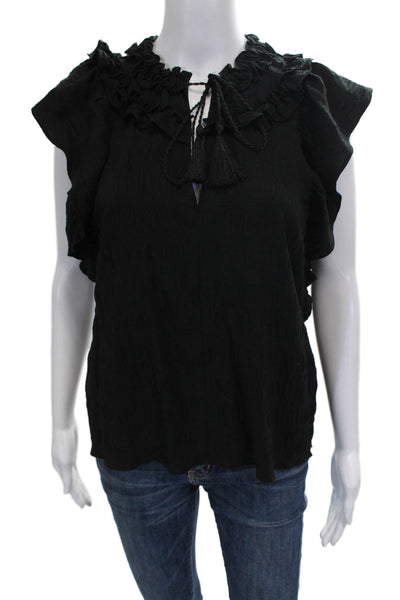 Central Park West Women Black V-Neck Tie Sleeveless Blouse Size S