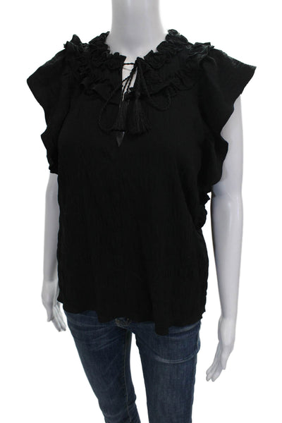 Central Park West Women Black V-Neck Tie Sleeveless Blouse Size S
