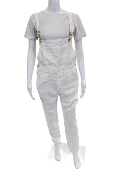 We Wore What Womens White Linen Square Neck Overall Buckle Sleeveless Size S
