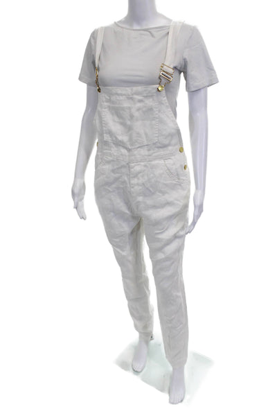 We Wore What Womens White Linen Square Neck Overall Buckle Sleeveless Size S