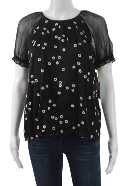 CeCe Women Basic Floral Black Polyester Round Neck Short Sleeve Blouse Size XS