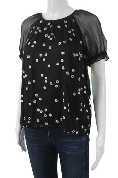 CeCe Women Basic Floral Black Polyester Round Neck Short Sleeve Blouse Size XS