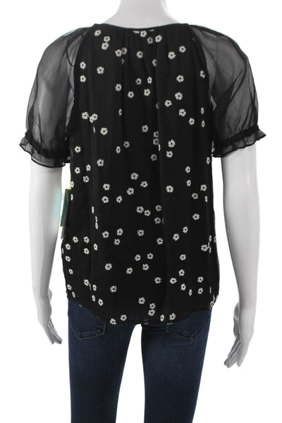 CeCe Women Basic Floral Black Polyester Round Neck Short Sleeve Blouse Size XS