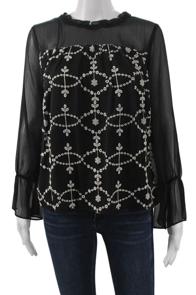 CeCe Womens Long Sleeve Geometric Roundneck Black Polyester Blouse Size XS