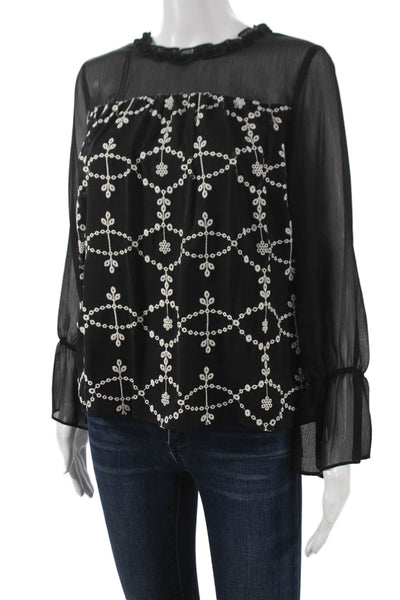 CeCe Womens Long Sleeve Geometric Roundneck Black Polyester Blouse Size XS