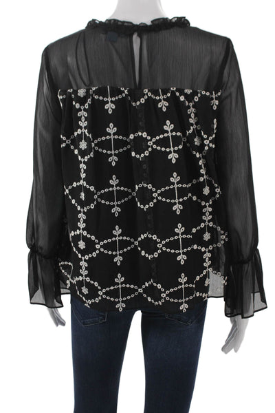 CeCe Womens Long Sleeve Geometric Roundneck Black Polyester Blouse Size XS