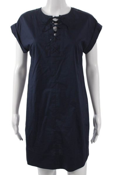 J Crew Women Shift Dress Blue Cotton Short Sleeve Lace Up Round Neck Size PS