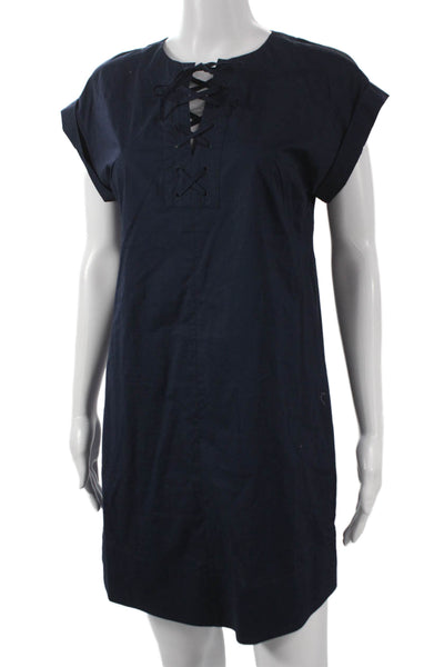 J Crew Women Shift Dress Blue Cotton Short Sleeve Lace Up Round Neck Size PS
