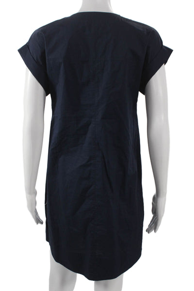 J Crew Women Shift Dress Blue Cotton Short Sleeve Lace Up Round Neck Size PS