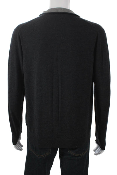 Raffi Mens Collared Merino Wool Pullover Sweater Gray Long Sleeve Size M