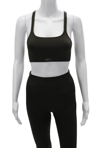 Set Active Women Black Nylon Pants Outfit Set Scoop Neck Sleeveless Size S