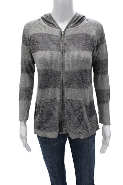 Kokun Women Full Zip Striped Gray Polyester Blend Hoodie Long Sleeve Size S