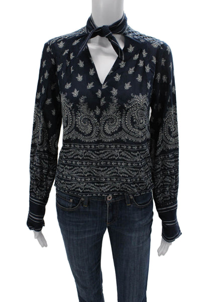 Sea New York Women Blue Viscose Paisley V Neck Long Sleeve Basic Blouse Size 0
