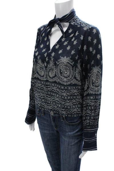 Sea New York Women Blue Viscose Paisley V Neck Long Sleeve Basic Blouse Size 0