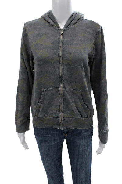 Monrow Women Gray Camo Full Zip Hoodie Polyester Long Sleeve Size S