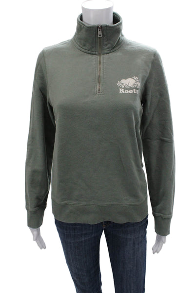 Roots Womens Pullover Sweatshirt Green Mock Neck Zip Cotton Long Sleeve Size M
