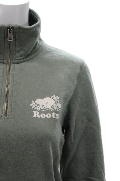 Roots Womens Pullover Sweatshirt Green Mock Neck Zip Cotton Long Sleeve Size M