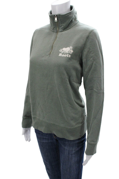 Roots Womens Pullover Sweatshirt Green Mock Neck Zip Cotton Long Sleeve Size M