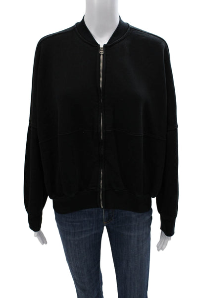 Zara Womens Bomber Jacket Black Cotton Zip Long Sleeve V-Neck Size S