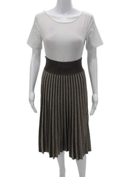 Agnona Womens Pleated Striped Wool Long Skirt Brown Pull On Size S