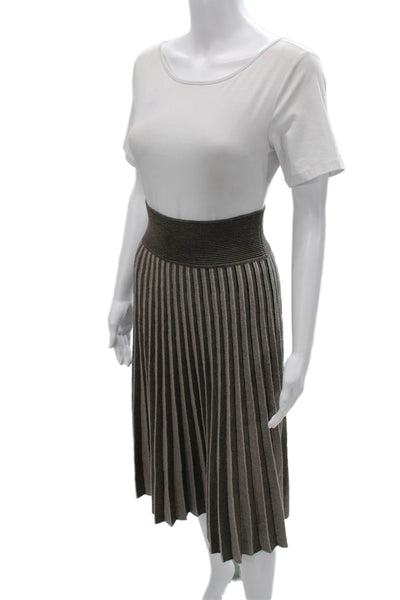 Agnona Womens Pleated Striped Wool Long Skirt Brown Pull On Size S