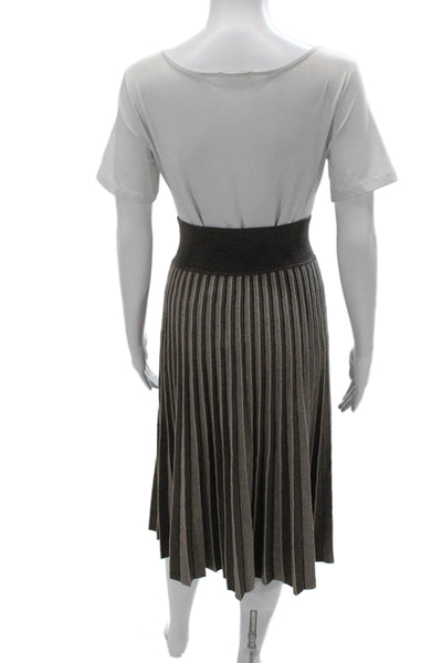 Agnona Womens Pleated Striped Wool Long Skirt Brown Pull On Size S