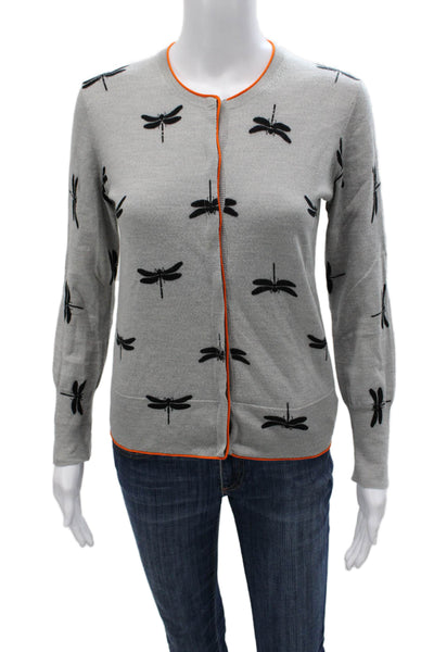 Escada Sport Womens Cardigan Gray Dragonfly Print Wool Long Sleeve Size S