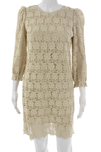 Eliza J Womens Shift Dress Beige Cotton 3/4 Sleeve Round Neck Above Knee Size 4