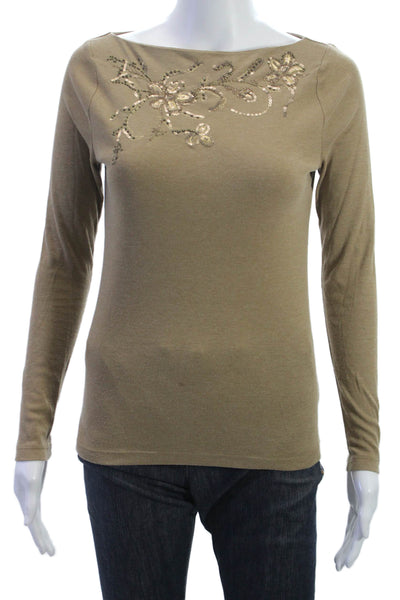 Lauren Ralph Lauren Women Beige Floral Boatneck Long Sleeve T-Shirt Size XS